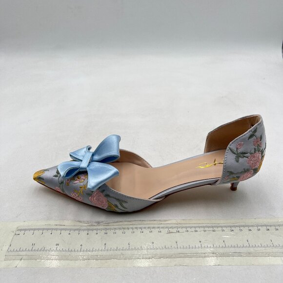 XYD Blue Flower Embroidery D'Orsay Kitten Heel Bridal Bowknot Pumps Elegant Shoe - Picture 2 of 8
